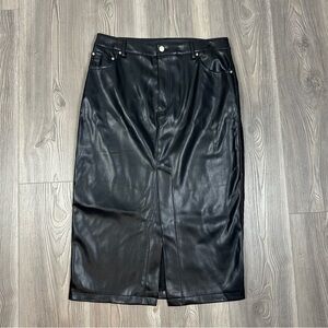 7 For All Mankind Black Faux Leather Midi Skirt Front Slit High Waist